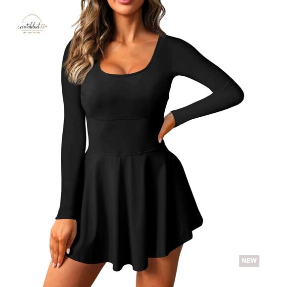 Long Sleeve Athletic Dress with Built-In Shorts for Tennis Golf Workout Long Sleeve Athletic Dress with Built-In Shorts for Tennis Golf Workout